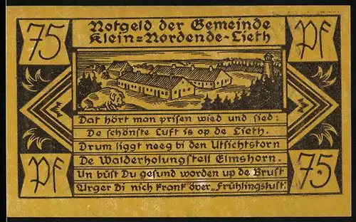 Notgeld Klein-Nordende-Lieth, 75 Pfennig, Blick auf den Schlachthof