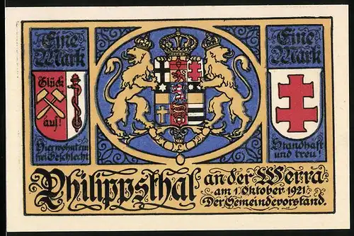 Notgeld Philippsthal an der Werra 1921, 1 Mark, Klosterkirche Kreuzberg, St. Katharina