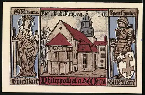 Notgeld Philippsthal an der Werra 1921, 1 Mark, Klosterkirche Kreuzberg, St. Katharina