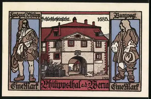 Notgeld Philippsthal an der Werra 1921, 1 Mark, Schlosshofeinfahrt, Landgraf Philipp, Burgvogt
