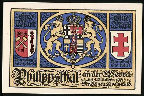 Notgeld Philippsthal an der Werra 1921, 1 Mark, Marktplatz 1750, Ballspiel, Marktbrunnen