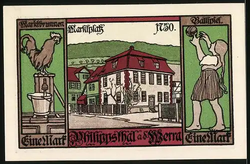 Notgeld Philippsthal an der Werra 1921, 1 Mark, Marktplatz 1750, Ballspiel, Marktbrunnen