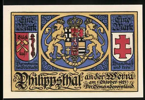 Notgeld Philippsthal an der Werra 1921, 1 Mark, Kaliwerke, Grubenlampe, Bergknappe