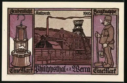 Notgeld Philippsthal an der Werra 1921, 1 Mark, Kaliwerke, Grubenlampe, Bergknappe