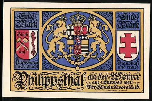 Notgeld Philippsthal an der Werra 1921, 1 Mark, Rathaus 1913, Ortsdiener, Justitia