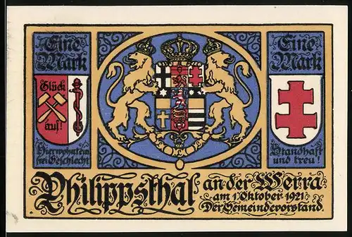 Notgeld Philippsthal an der Werra 1921, 1 Mark, Kursaal Benesener, Sanitas