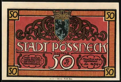 Notgeld Pössneck, 50 Pfennig, Marktplatz mit Brunnen