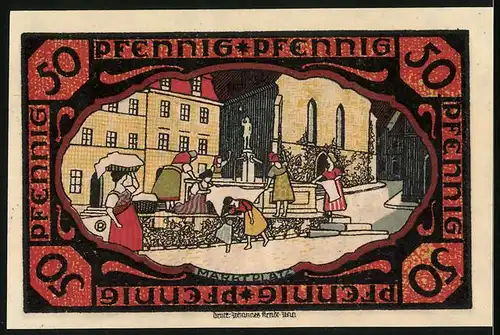Notgeld Pössneck, 50 Pfennig, Marktplatz mit Brunnen