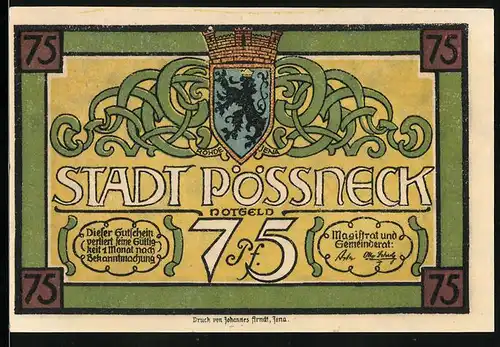Notgeld Pössneck, 75 Pfennig, Wappen und Rathausgiebel