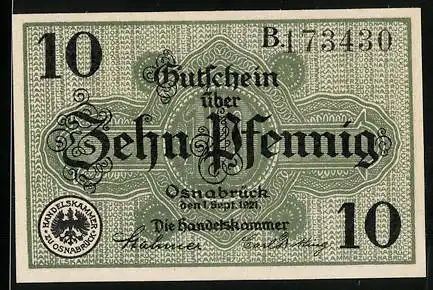 Notgeld Osnabrück 1921, 10 Pfennig, Hintergrund-Monogramm Handelskammer zu Osnabrück