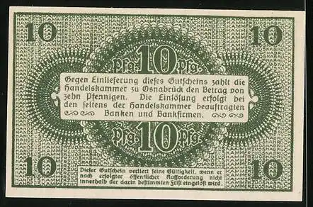 Notgeld Osnabrück 1921, 10 Pfennig, Hintergrund-Monogramm Handelskammer zu Osnabrück