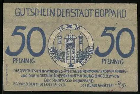 Notgeld Boppard 1920, 50 Pfennig, Ortsansicht mit Raddampfer Boppard