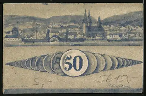 Notgeld Boppard 1920, 50 Pfennig, Ortsansicht mit Raddampfer Boppard