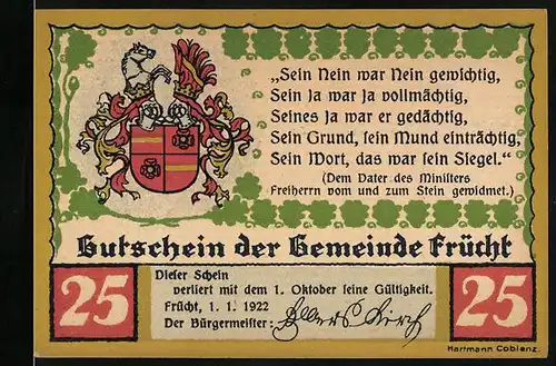 Notgeld Frücht 1922, 25 Pfennig, Heinrich Friedrich Karl Reichsfreiherr vom und zum Stein