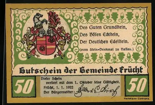 Notgeld Frücht 1922, 50 Pfennig, Grabkapelle der Familie vom und zum Stein