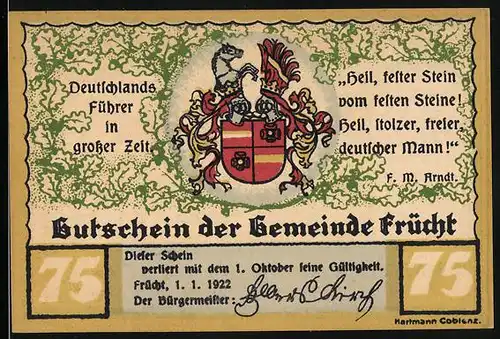 Notgeld Frücht 1922, 75 Pfennig, Standbild d. Ministers Freiherr vom und zum Stein