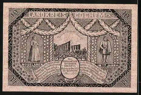 Notgeld Cochem 1921, 10 Pfennig, Moselaner in Tracht aus dem 17. Jdt., Ruine Stübben