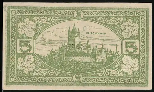 Notgeld Cochem 1918, 5 Mark, Blick auf die Burg
