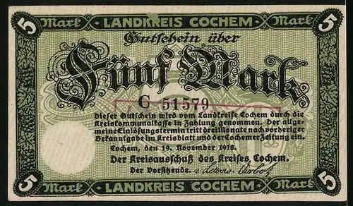 Notgeld Cochem 1918, 5 Mark, Blick auf die Burg