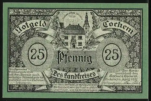 Notgeld Cochem 1921, 25 Pfennig, Altes Rathhaus, Burgen