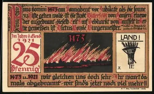 Notgeld Bitterfeld 1921, 25 Pfennig, Alte Kapelle und Stadtbrand 1473