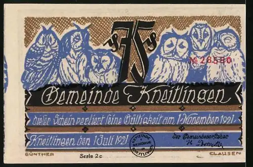 Notgeld Kneitlingen 1921, 75 Pfennig, Eulenspiegel und eine Karre Sand