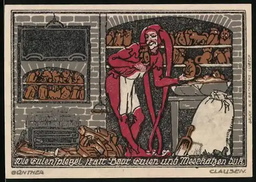 Notgeld Kneitlingen 1921, 1 Mark, Eulenspiegel backt Eulen und Meerkatzen
