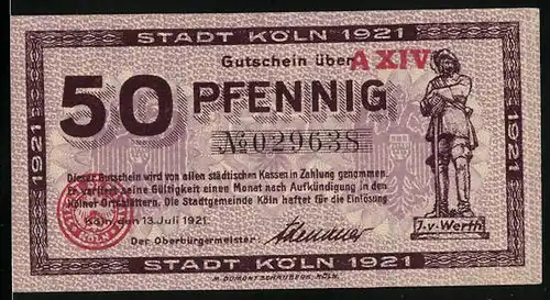 Notgeld Köln 1921, 50 Pfennig, J. v. Werth, Jan und Griet