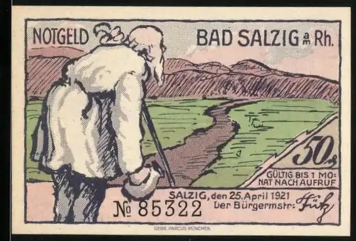 Notgeld Bad Salzig a. Rhein 1921, 50 Pfennig, Flusspartie und alter Mann beim Wasserholen