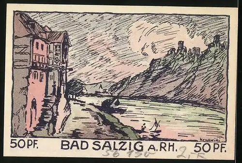 Notgeld Bad Salzig a. Rhein 1921, 50 Pfennig, Flusspartie und alter Mann beim Wasserholen