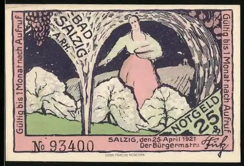 Notgeld Bad Salzig a. Rh. 1921, 25 Pfennig, Frau an einer sprudelnden Quelle, Wegstein