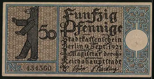 Notgeld Berlin-Tempelhof 1921, 50 Pfennig, Gastwirth Langens Hoff in Templo