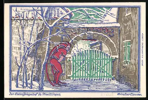Notgeld Kneitlingen 1921, 50 Pfennig, der Eulenspiegelhof im Winter