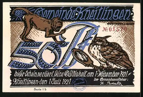 Notgeld Kneitlingen 1921, 50 Pfennig, der Eulenspiegelhof im Winter