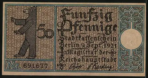 Notgeld Berlin-Charlottenburg 1921, 50 Pfennig, Berliner Strasse um 1820