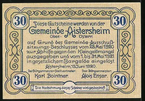 Notgeld Aistersheim 1920, 30 Heller, Schulgebäude