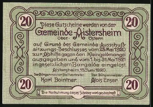 Notgeld Aistersheim 1920, 20 Heller, Ansicht der Kirche