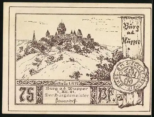Notgeld Burg a. d. Wupper 1921, 75 Pfennig, politische Verlobung zweier Häuser 1496