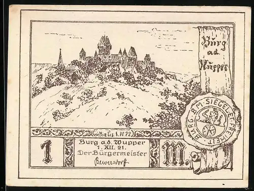 Notgeld Burg a. d. Wupper 1921, 1 Mark, Ausmarsch der Freiwilligen des Bergischen Landes