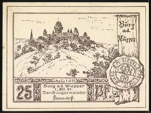 Notgeld Burg a. d. Wupper 1921, 25 Pfennig, Ansicht der Kemenate