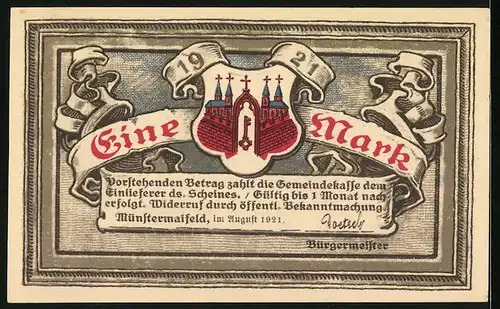 Notgeld Münstermaifeld 1921, 1 Mark, Stiftskirche