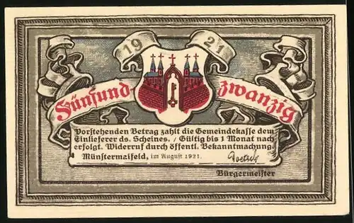 Notgeld Münstermaifeld 1921, 25 Pfennig, Ruine Pyrmont