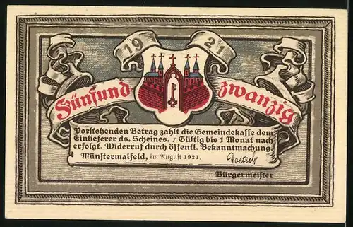 Notgeld Münstermaifeld 1921, 25 Pfennig, Die Ruine Pyrmont