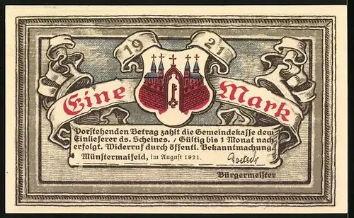 Notgeld Münstermaifeld 1921, 1 Mark, Die Stiftskirche