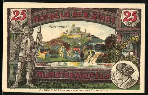 Notgeld Münstermaifeld 1921, 25 Pfennig, Blick auf die Ruine Pyrmont
