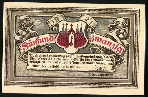 Notgeld Münstermaifeld 1921, 25 Pfennig, Wasserfall an der Ruine Pyrmont