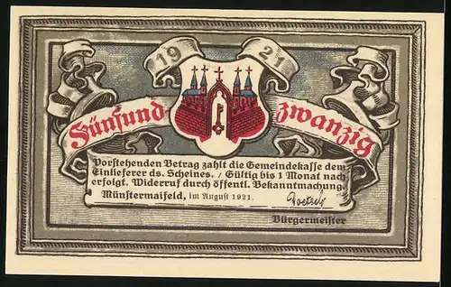 Notgeld Münstermaifeld 1921, 25 Pfennig, Blick auf Ruine Pyrmont