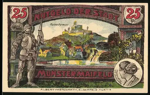 Notgeld Münstermaifeld 1921, 25 Pfennig, Häuser an der Ruine Pyrmont