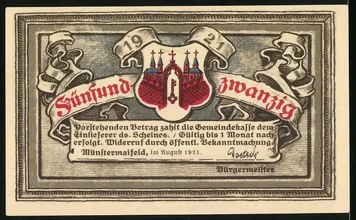 Notgeld Münstermaifeld 1921, 25 Pfennig, Häuser an der Ruine Pyrmont