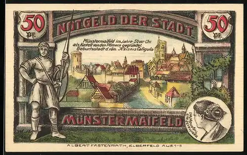 Notgeld Münstermaifeld 1921, 50 Pfennig, die Stadt im Jahre 50 v. Chr. als römisches Kastell